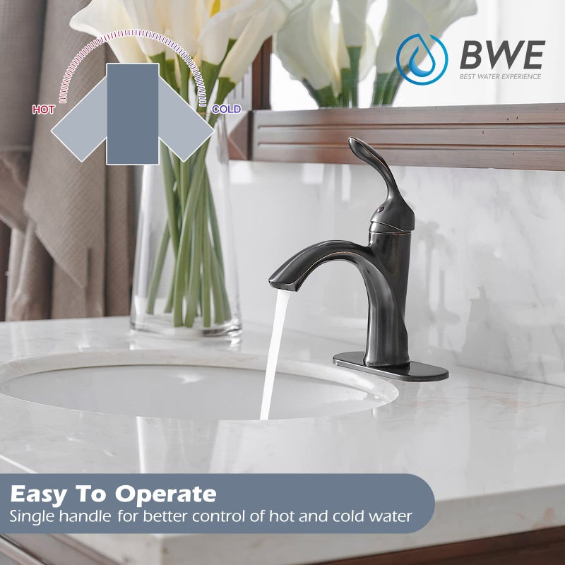 BWE Bathroom Sink Faucet with Drain Assembly with Overflow and Supply Line Single Handle Oil Rubbed Bronze Single Hole Lavatory Basin Mix Tap - Image 2
